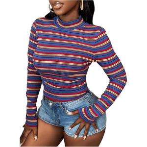 imageFloerns Womens Mock Turtleneck Long Sleeve Slim Fit Stretch Striped TShirts Tunic Tops Fall Fashion Trendy Outfits ClothesRed Blue Striped