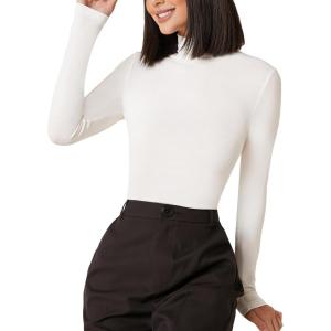 imageFloerns Womens Mock Turtleneck Long Sleeve Slim Fit Stretch Striped TShirts Tunic Tops Fall Fashion Trendy Outfits ClothesWhite Plain