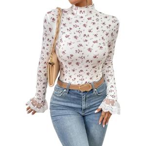 imageFloerns Womens Mock Turtleneck Long Sleeve Slim Fit Stretch Striped TShirts Tunic Tops Fall Fashion Trendy Outfits ClothesWhite Purple Floral