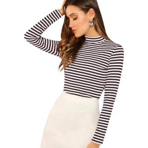 imageFloerns Womens Mock Turtleneck Long Sleeve Slim Fit Stretch Striped TShirts Tunic Tops Fall Fashion Trendy Outfits ClothesWine Red White