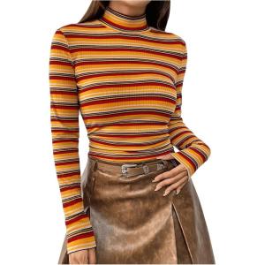 imageFloerns Womens Mock Turtleneck Long Sleeve Slim Fit Stretch Striped TShirts Tunic Tops Fall Fashion Trendy Outfits ClothesYellow Striped