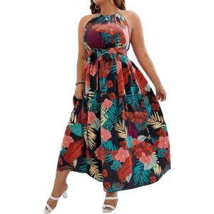 imageFloerns Womens Plus Size Boho Sleeveless Halter Neck Tie Back A Line Long DressBlack Multi