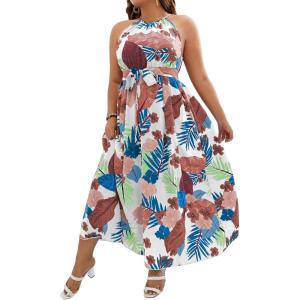 imageFloerns Womens Plus Size Boho Sleeveless Halter Neck Tie Back A Line Long DressWhite Brown Floral