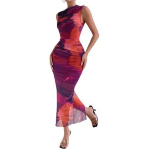 imageFloerns Womens Sleeveless Tie Dye Mock Neck Ruched Slit Hem Party Bodycon DressPurple Multi