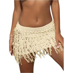 imageFloerns Womens Solid Hollow Out Fringe Hem Crochet Swim Beach Cover Up SkirtApricot