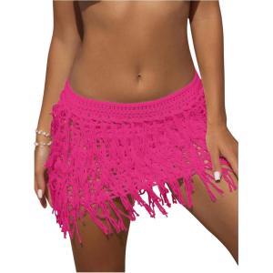 imageFloerns Womens Solid Hollow Out Fringe Hem Crochet Swim Beach Cover Up SkirtHot Pink