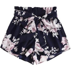 imageFloerns Womens Tie Bow Floral Print Summer Beach Elastic ShortsNavy