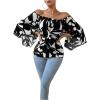 imageFloerns Womens Boho Off Shoulder 34 Bell Sleeve Summer Blouse TopBlack and White