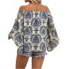 imageFloerns Womens Boho Off Shoulder 34 Bell Sleeve Summer Blouse TopBlue Grey Floral