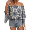 imageFloerns Womens Boho Off Shoulder 34 Bell Sleeve Summer Blouse TopBlue Grey Floral