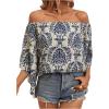 imageFloerns Womens Boho Off Shoulder 34 Bell Sleeve Summer Blouse TopBlue Grey Floral