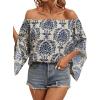 imageFloerns Womens Boho Off Shoulder 34 Bell Sleeve Summer Blouse TopBlue Grey Floral