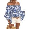 imageFloerns Womens Boho Off Shoulder 34 Bell Sleeve Summer Blouse TopBlue Multi