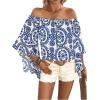 imageFloerns Womens Boho Off Shoulder 34 Bell Sleeve Summer Blouse TopBlue Multi