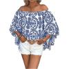 imageFloerns Womens Boho Off Shoulder 34 Bell Sleeve Summer Blouse TopBlue Multi
