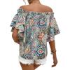 imageFloerns Womens Boho Off Shoulder 34 Bell Sleeve Summer Blouse TopGreen Paisley