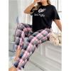 imageFloerns Womens Plus Size Pajamas Graphic Print Short Sleeve Tee with Pants Pj SetPink Plaid