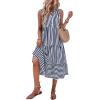 imageFloerns Womens Striped Print Notched Neck Sleeveless Ruffle A Line Midi DressBlue White Multi
