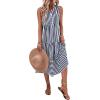 imageFloerns Womens Striped Print Notched Neck Sleeveless Ruffle A Line Midi DressBlue White Multi