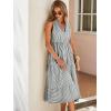 imageFloerns Womens Striped Print Notched Neck Sleeveless Ruffle A Line Midi DressGrey and White