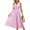 imageFloerns Womens Striped Print Notched Neck Sleeveless Ruffle A Line Midi DressPink and White