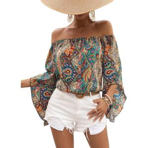 imageFloerns Womens Boho Off Shoulder 34 Bell Sleeve Summer Blouse TopA Multi Paisley