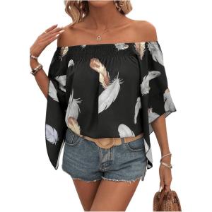 imageFloerns Womens Boho Off Shoulder 34 Bell Sleeve Summer Blouse TopBlack Feather