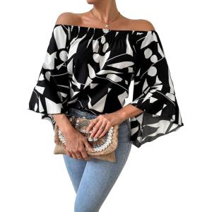 imageFloerns Womens Boho Off Shoulder 34 Bell Sleeve Summer Blouse TopBlack and White