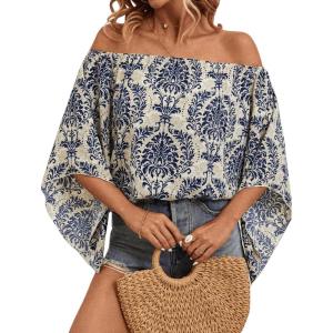 imageFloerns Womens Boho Off Shoulder 34 Bell Sleeve Summer Blouse TopBlue Grey Floral