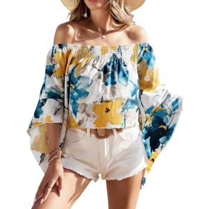 imageFloerns Womens Boho Off Shoulder 34 Bell Sleeve Summer Blouse TopBlue and Yellow