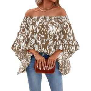 imageFloerns Womens Boho Off Shoulder 34 Bell Sleeve Summer Blouse TopBrown