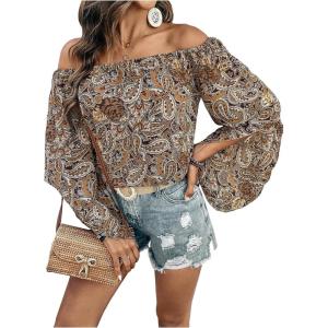 imageFloerns Womens Boho Off Shoulder 34 Bell Sleeve Summer Blouse TopBrown Multi