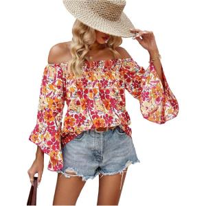 imageFloerns Womens Boho Off Shoulder 34 Bell Sleeve Summer Blouse TopPink Floral