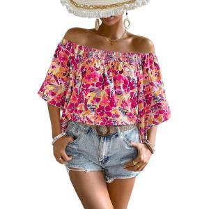 imageFloerns Womens Boho Off Shoulder 34 Bell Sleeve Summer Blouse TopPink Flower Multi