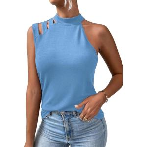 imageFloerns Womens Cut Out Mock Neck Asymmetrical Sleeveless Casual Tank TopBlue