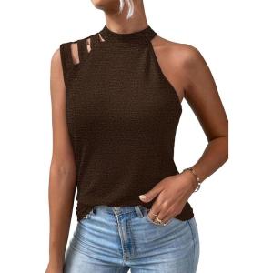 imageFloerns Womens Cut Out Mock Neck Asymmetrical Sleeveless Casual Tank TopBrown