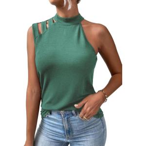 imageFloerns Womens Cut Out Mock Neck Asymmetrical Sleeveless Casual Tank TopGreen