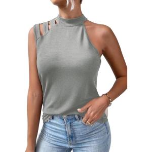 imageFloerns Womens Cut Out Mock Neck Asymmetrical Sleeveless Casual Tank TopGrey