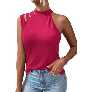 imageFloerns Womens Cut Out Mock Neck Asymmetrical Sleeveless Casual Tank TopHot Pink Solid
