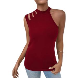 imageFloerns Womens Cut Out Mock Neck Asymmetrical Sleeveless Casual Tank TopRed