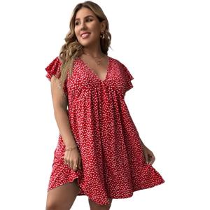 imageFloerns Womens Plus Size Floral V Neck Ruffle Sleeve Short Summer DressA Red