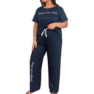 imageFloerns Womens Plus Size Pajamas Graphic Print Short Sleeve Tee with Pants Pj SetA Navy Blue