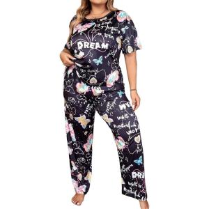 imageFloerns Womens Plus Size Pajamas Graphic Print Short Sleeve Tee with Pants Pj SetBlack Butterfly