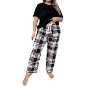 imageFloerns Womens Plus Size Pajamas Graphic Print Short Sleeve Tee with Pants Pj SetBlack Red Plaid
