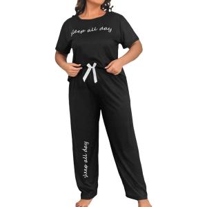 imageFloerns Womens Plus Size Pajamas Graphic Print Short Sleeve Tee with Pants Pj SetBlack Slogan