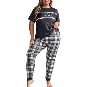 imageFloerns Womens Plus Size Pajamas Graphic Print Short Sleeve Tee with Pants Pj SetBlack White Plaid
