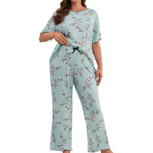 imageFloerns Womens Plus Size Pajamas Graphic Print Short Sleeve Tee with Pants Pj SetBlue Floral