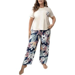 imageFloerns Womens Plus Size Pajamas Graphic Print Short Sleeve Tee with Pants Pj SetBlue White Flower