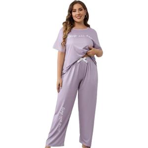 imageFloerns Womens Plus Size Pajamas Graphic Print Short Sleeve Tee with Pants Pj SetDusty Purple