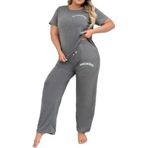 imageFloerns Womens Plus Size Pajamas Graphic Print Short Sleeve Tee with Pants Pj SetGrey Letter